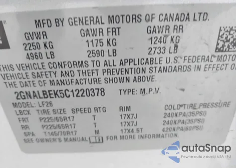 2012 Chevrolet Equinox Ls из США, поврежденный, VIN 2GNALBEK5C1220378